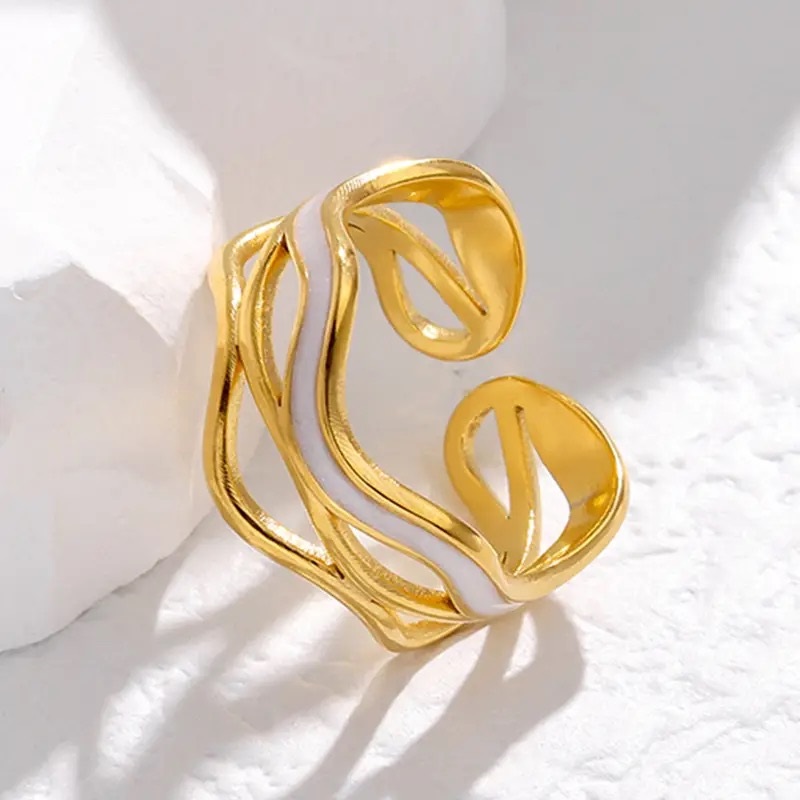 Stainless Steel Gold Plated Open Adjustable Flower Rings Elegant Minimilist Pearl Ring
